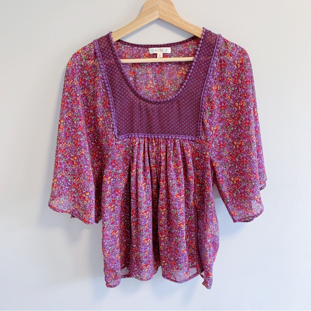 Love Fire Purple Floral Sheer Flutter Sleeve Blouse